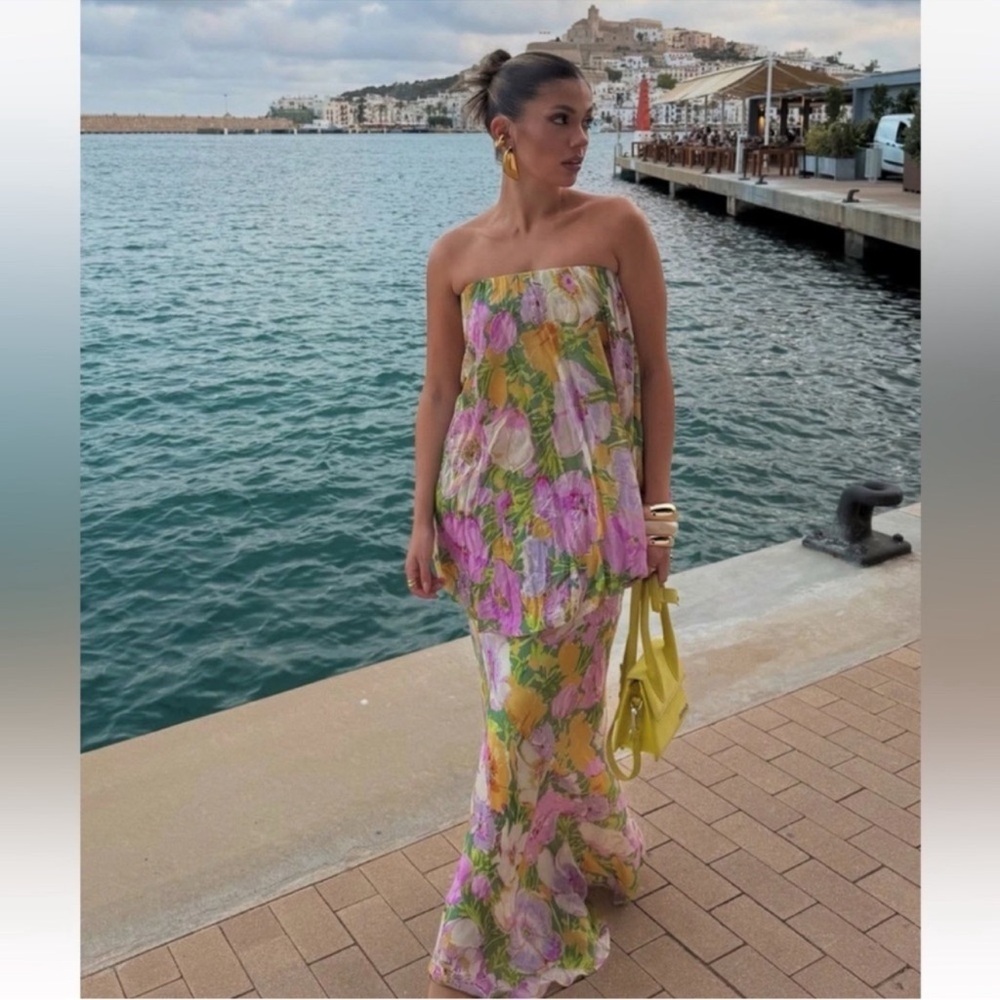 Zara Floral Strapless Maxi Dress